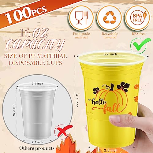 Uiifan 100 Pcs Thanksgiving Plastic Cups 16 oz Disposable Fall Party Cup Friendsgiving Plastic Stadium Cups Turkey Pumpkin...