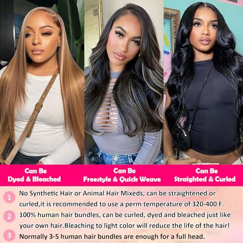 Body Wave Hair Bundles - 12 14 16 Inch | 100% Unprocessed Brazilian Virgin Human Hair | 3-Pack Quick Weave Bundles with Glossy Finish for Women