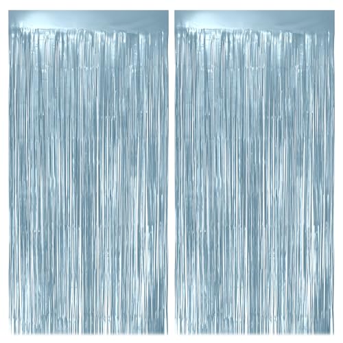 2 Pack Metallic Light Blue Fringe Backdrop, 3.2x8.2ft Shining Foil Tinsel Curtains, Birthday Party Decorations Door Stream...