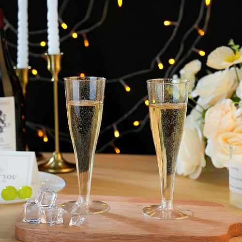 Bestluck 25 Pack Champagne Flutes Plastic, 4.5 oz Gold Glitter Plastic Disposable Stemware, Disposable Champagne Flutes fo...