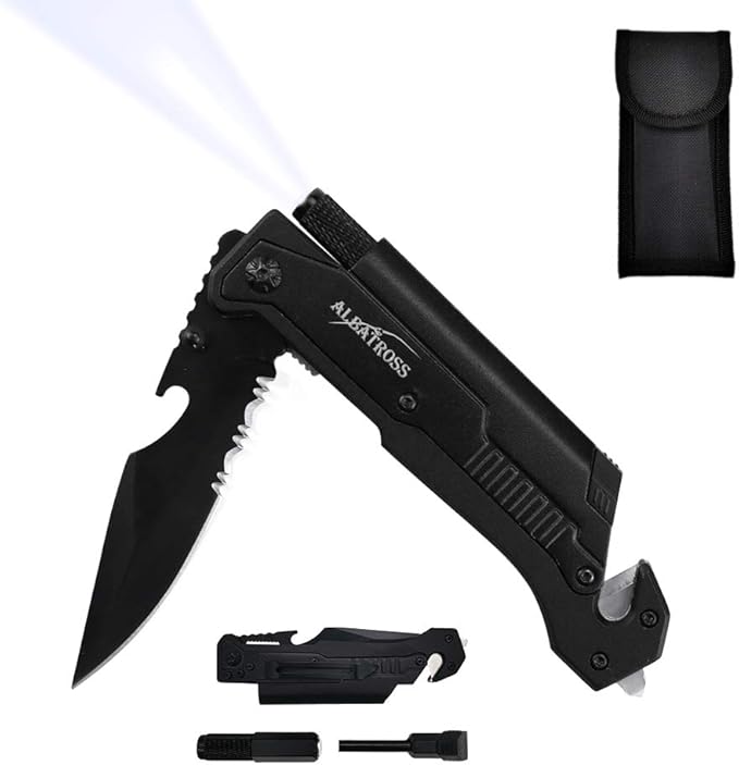 7-in-1 Tactical Survival Knife - Glass Breaker, Seatbelt Cutter, Serrated Steel Blade, Firestarter, LED Flashlight, Bottle...