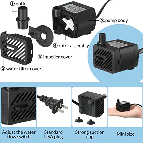Set of 6 Fountain Pump Mini Small Water for Aquarium 50GPH 3W Submersible Water Quiet Water Fountain Pump with 3.3 ft Tube...