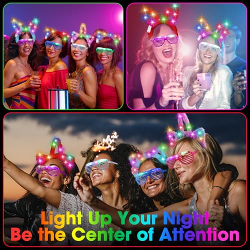 Honoson 30 Pcs LED Light up Glasses Cat LED Cute Headband Cat Ears Sunglasses Glow in the Dark Party Supplies (Long-pile)