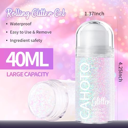 CAHOTO Pastel Rolling Glitter for Face Body & Hair, Sparkling Holographic Chunky Shimmer, Roll-on Sequins for Singer Conce...