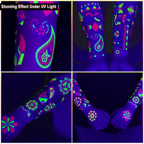 Ozepao 20 Sheets Glow in The Black Light Temporary Tattoos, Glow Party Supplies for Adults and Kids, 160+ Neon UV Glow Flu...