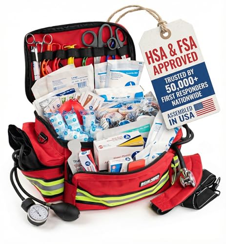 Scherber First Responder Fully-Stocked Professional Essentials EMT/EMS Trauma Kit | HSA/FSA Approved | Reflective Bag w/8 ...