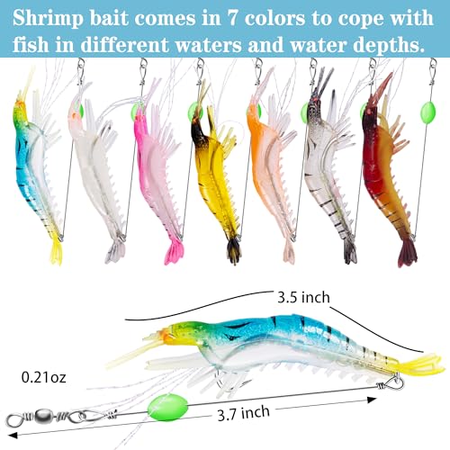 14PCS Saltwater Fishing Lures Shrimp Lures Set with Bait Box, 7 Colors Premium Soft Shrimp Fishing Tackle with Luminous Sh...