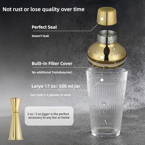 FayuuGem Gold Cocktail Shaker Set - Bartender Shaker Kit with Mixing Tools & Stainless Steel Strainer, Premium Bar Tool Se...