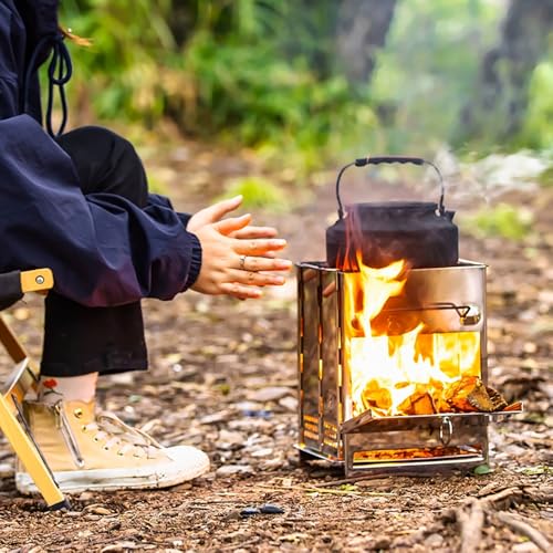 REDCAMP Wood Burning Folding Camp Stove Stainless Steel Grid, Portable Collapsible Backpacking Stove Survival Rocket Stove...