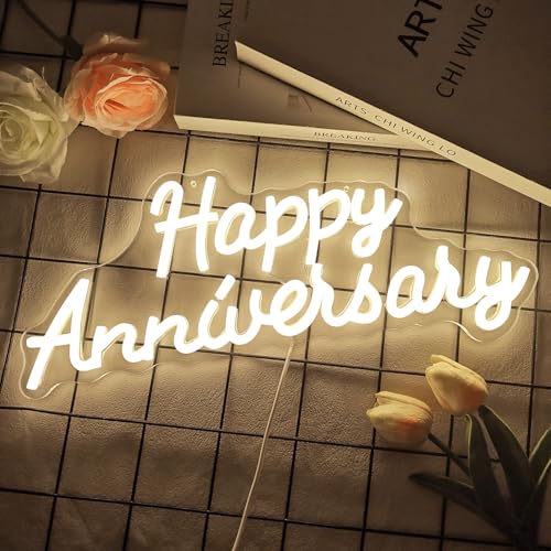 hhuohuona Happy Anniversary Neon Sign Dimmable Wedding Anniversary Decorations Led Sign Backdrop Feliz Aniversario Light U...