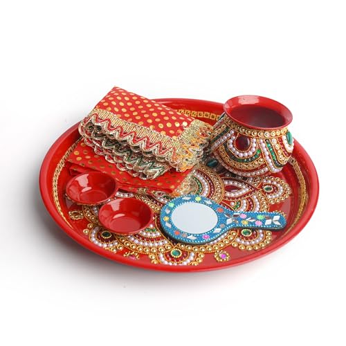 Tarini Gallery Karwa Chauth Thali Set Bowl with Kalash and Channi Decorated Steel Plate Platter with Essential Pooja Artic...