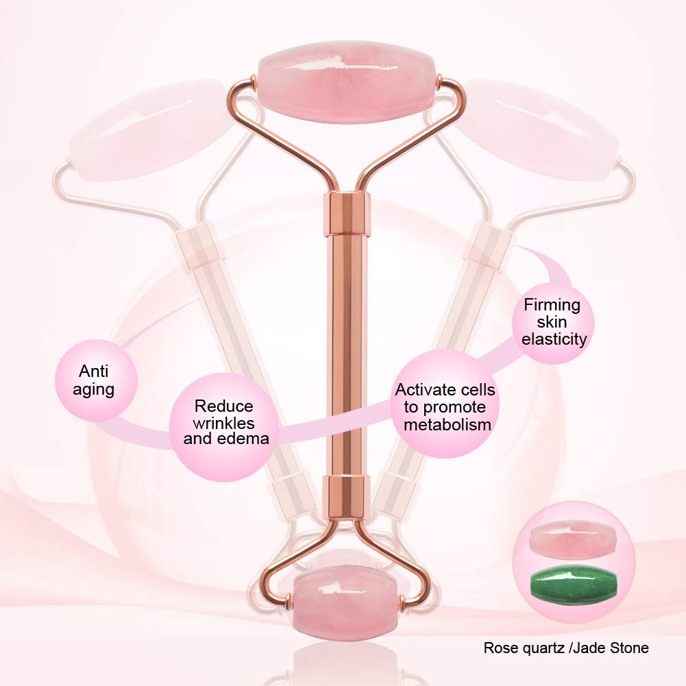 ZS ZESHIN 2 Pack Jade Facial Roller & Rose Quartz Face Roller for Wrinkles and Puffiness, Natural Jade Stone Face Massager Rolle