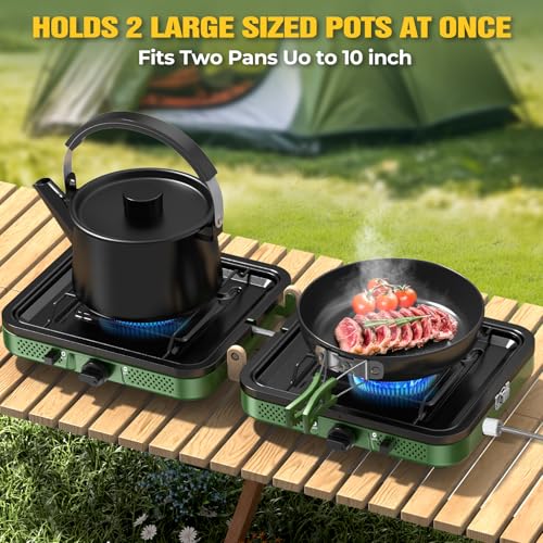 2 Burner Camping Stove, 20000 BTU Propane Camp Stove Portable Folding Gas Travel Stove Camping Essentials Gears Includes G...