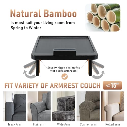 SINWANT Couch Armrest Table, Large Bamboo Couch Arm Table 360° Phone Holder,Foldable Sofa Arm Tray for Eating Drinking Sna...