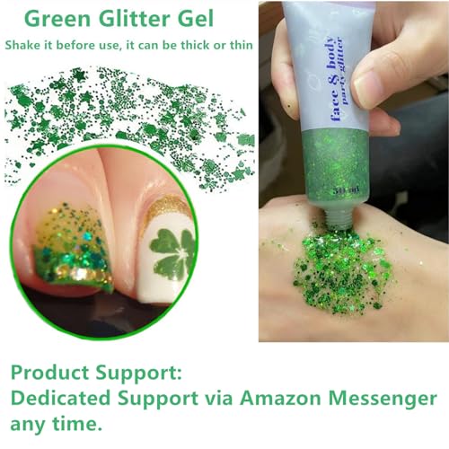Go Ho Green Face Body Glitter,St Patricks Day Face Glitter Makeup,Green Face Paint Holographic Chunky Sequins Glitters for...