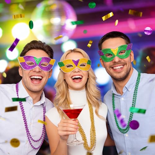 Sdfvsdg 24 Pcs Mardi Gras Face Masks and Necklaces Mardi Gras Costumes Outfit Accessories 6 Sequin Eye Mask 18 Colorful As...