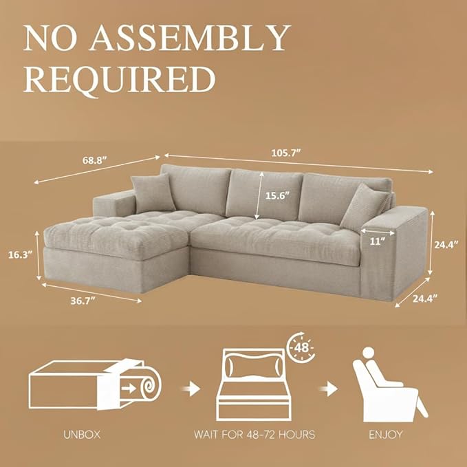 NAYA 106” Modular Sectional Sofa, Cloud Sectional Couch with Deep Seat, Modern Modular L-Shape Sofa Boneless Couch with Chaise for Living Room Bedroom (Beige, Cloudy Sofa with Left Facing Chaise)