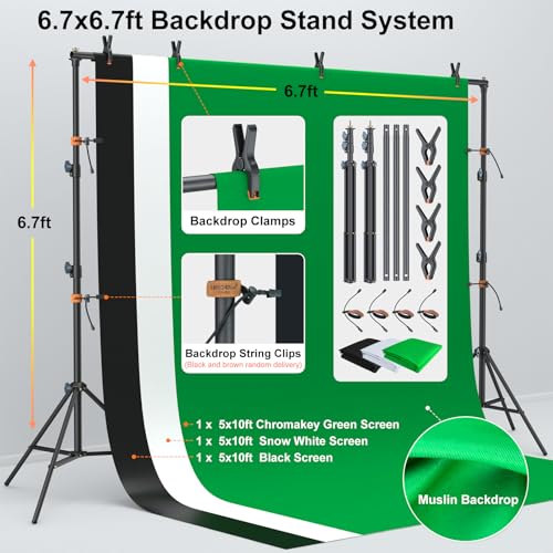 LINCO Lincostore Photo Video Studio Light Kit AM169 - Including 3 Color Backdrops (Black/White/Green) Background Screen
