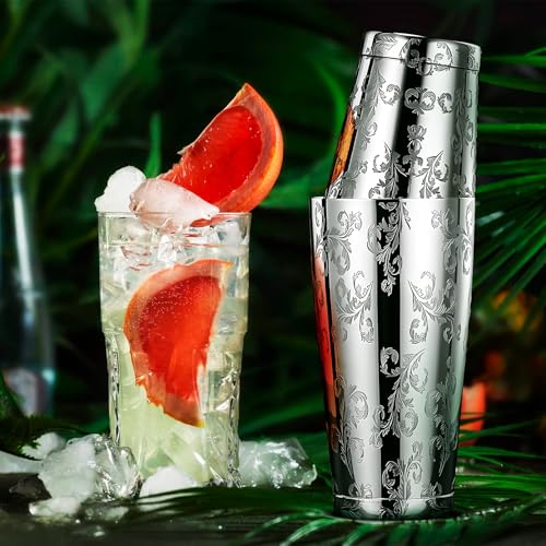 Cocktail Shaker Stainless Steel Boston Shaker Tin with Etched Pattern Martini Drink Shaker Professional (Style4)