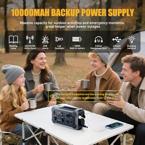 Hand Crank Emergency Radio, 10000mAh Weather Radio with AM/FM/NOAA, Solar Prower, SOS Alarm, Phone Charging, LED Flashligh...