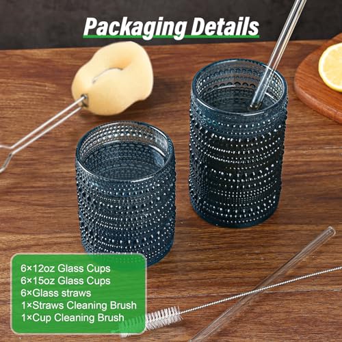 ZMOWIPDL Vintage Glassware Drinking Glasses Set of 12,Blue 12oz & 15oz Hobnail Glass Cups,Embossed Water Tumbler,for Beer,...