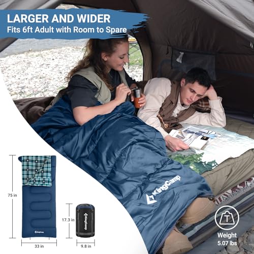 KingCamp Sleeping Bag for Adults, Cold Weather & Warm XL Big and Tall Flannel Sleeping Bags with Compression Sack Portable...