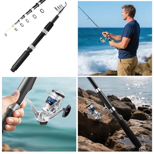 Telescopic Fishing Rod and Reel Combo, 2PCS 5.9FT Collapsible Fishing Pole Set with Pre-Loaded Spinning Reel Lures and Car...