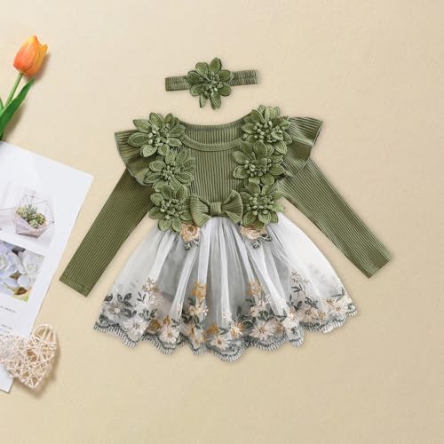 Douhoow Baby Girl Romper Dress Embroidery Lace Flowers Baby Dress Romper Fall Winter Festival Clothes with Headband