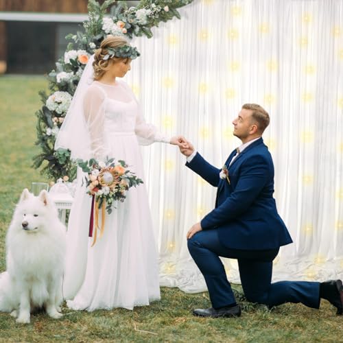 BBTO 2 Panels White Tulle Backdrop Curtain with Lights String for Parties Wedding Bridal Shower Sheer LED White Curtain Ba...