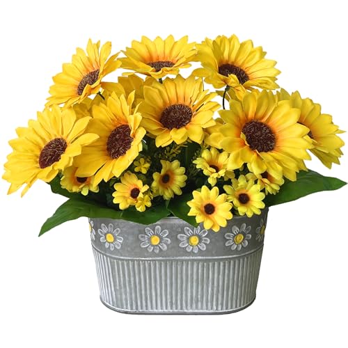 hopeme Artificial Flowers Fake Sunflowers in Pot, Faux Silk Flowers Floral Table Centerpiece Decoration, Rustic Potted Gre...