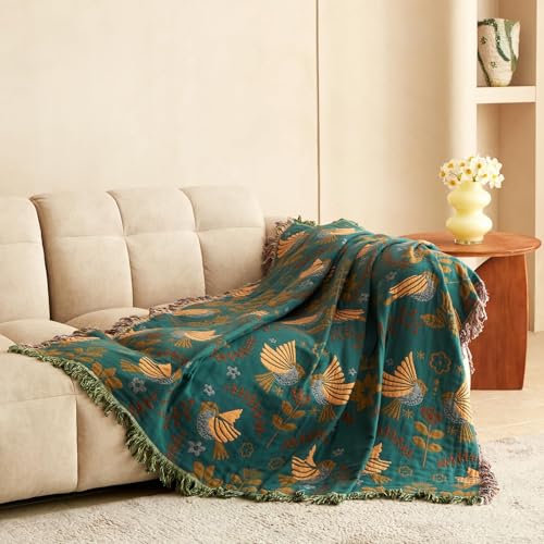 Boho Throw Blanket for Couch 100% Cotton Soft Birds and Floral Double Embroidery Breathable Throw Blankets,50"×60" All Sea...