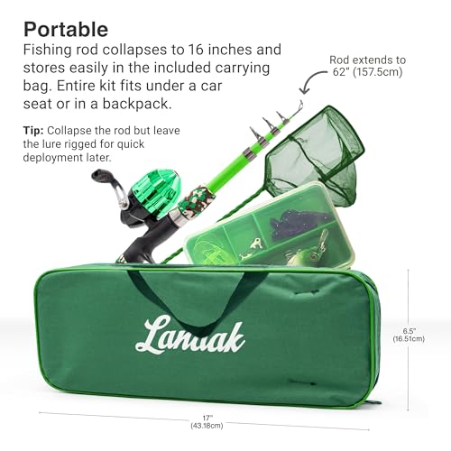 Lanaak Kids Fishing Pole, Kids Portable Telescopic Fishing Rod Set, Tackle Box and Fishing Net Combo Kit, Kids Fishing Gea...