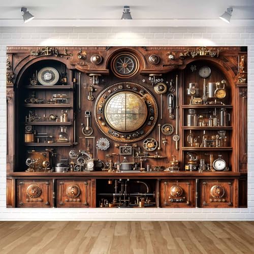 Antique Vintage Steampunk Backdrop, Abstract Industrial Old Metal Gear Clock Photography Background, Retro Steam Punk Mech...