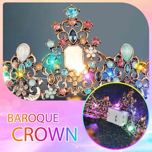 Yean LED Baroque Rhinestone Crowns and Tiaras Ligth Up Gold Bridal Queen Crown Crystal Wedding Party Tiara Headband for Women
