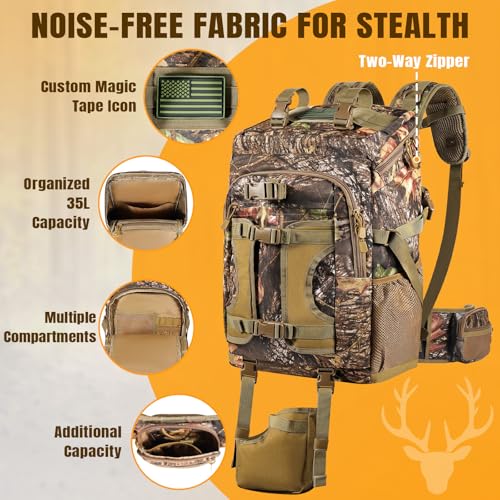 laapee Hunting Backpack 40L for Men, Tactical Camo Bow Rifle Backpack with Removable Waist Belt, PALS/MOLLE System, Waterp...