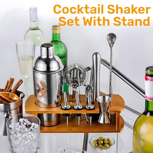 16 Piece Bartender Kit with Bamboo Stand | Cocktail Shaker Set Essential Bar Tools Wine Shaker Ice Filter Mixing Spoon Jig...