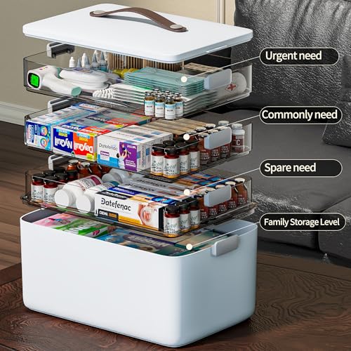 CTIME 4-Tier XL Medicine Organizer with Leather Handle - Portable Pill Case & Empty First Aid Kit for Home, Travel, RV, Sc...