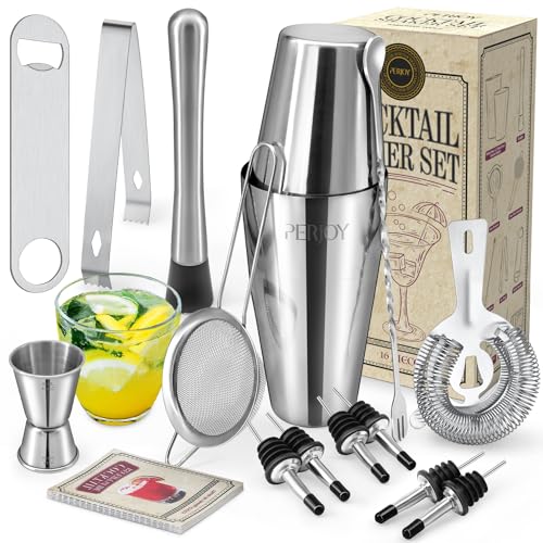 Perjoy Cocktail Shaker Set, 16 Piece Bartender Kit, Cocktail Shaker, Stainless Steel Bar Set Accessories, Coktail Set, Bos...