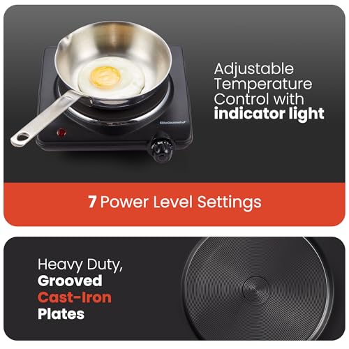 Elite Gourmet ESB-301BF# Countertop Single Cast Iron Burner, 1000 Watts Electric Hot Plate, Temperature Controls, Power In...