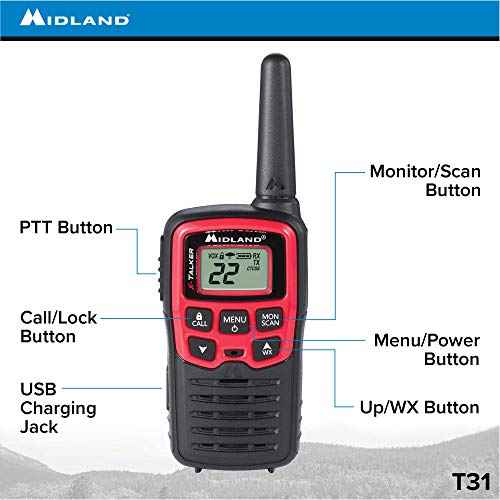 Midland T31VP 22 Channel FRS Walkie Talkie - Up to 26 Mile Range Two-Way Radio - Red/Black (Pack of 4)