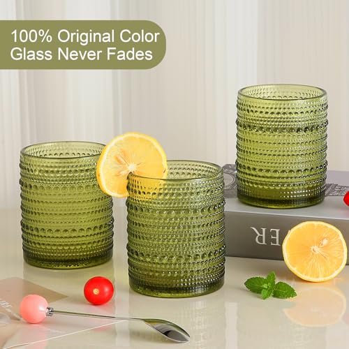ZMOWIPDL Vintage Glassware Drinking Glasses Set of 6,12 oz Hobnail Glass Cups,Embossed Green Water Tumbler,for Beer,Cockta...
