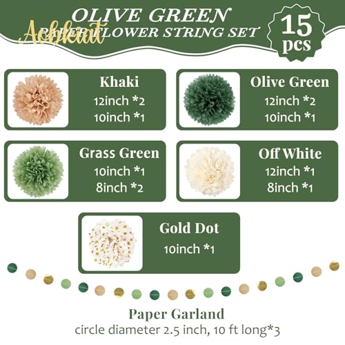 AOBKIAT Wedding Party Decorations Set,15PCS Green Tissue Paper Pom Poms,Dots Paper Garland String Hanging Backdrop for Eng...
