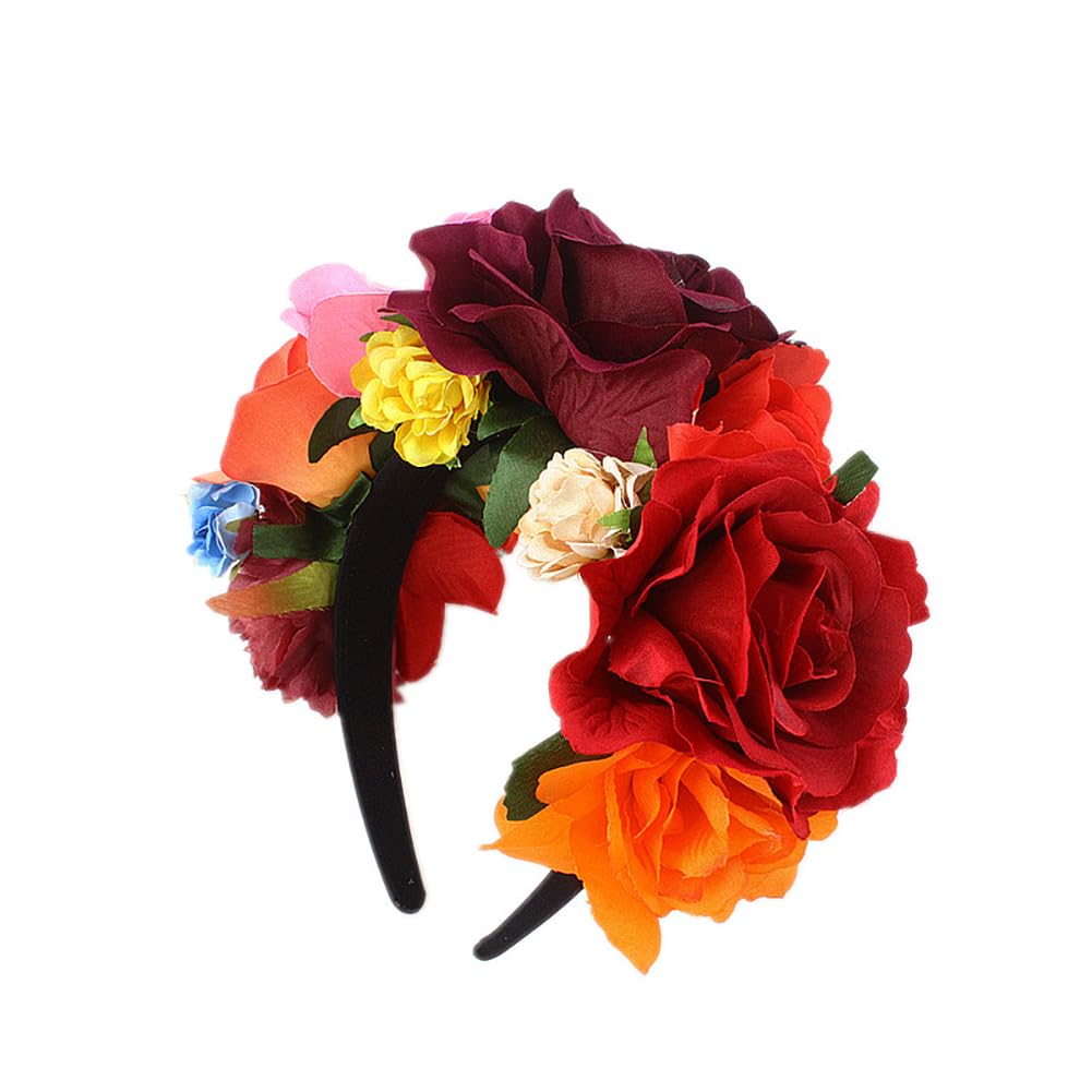 Lofruiin Women's Bohemian Rose Flower Crown Mexican Day of The Dead Headband Halloween Party Costume Headpiece (Burgundy Pink, F