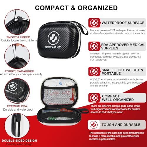 Small First Aid Kit - 185 Pieces Waterproof Emergency Kit for Home, Car, Travel, Camping, Hiking & Outdoor - Portable Hard...