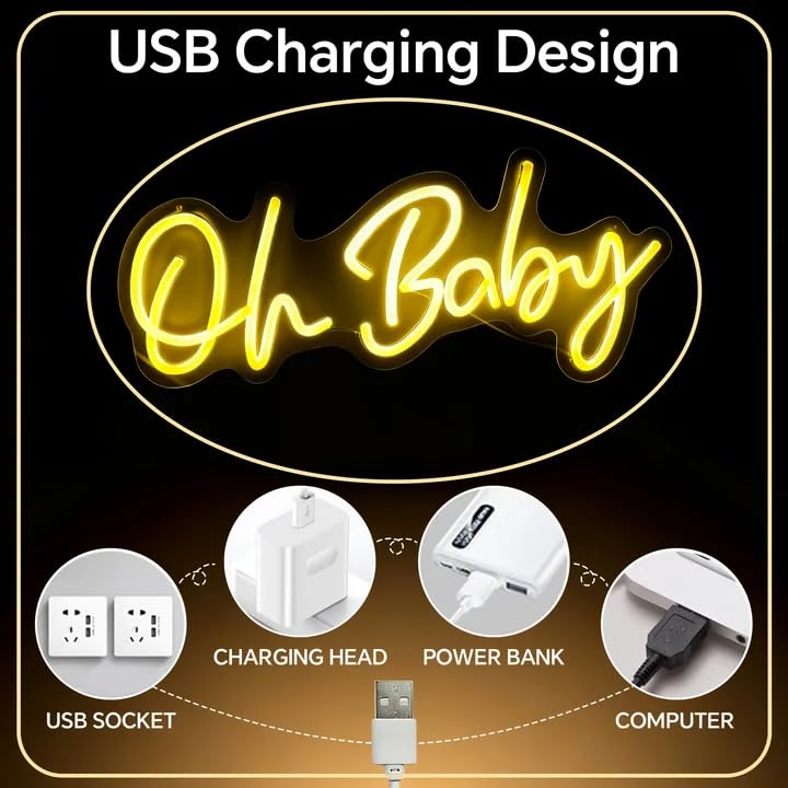 Oh Baby Neon Sign, Dimmable Warm White LED Neon Light for Baby Shower Backdrop, USB Powered Sign for Gender Reveal, Nurser...