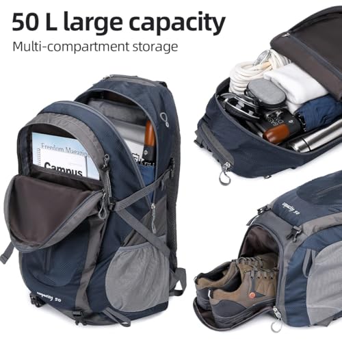 FENGDONG 50L Waterproof Lightweight Expandable Hiking,Camping,Travel Backpack with Shoes Compartment for Men Women Blue