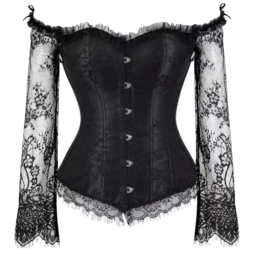 Jutrisujo Corset Top Skirt Set Dress Bustier Lace Long Sleeves Floral Plus Size Costume Halloween Women Black XXS