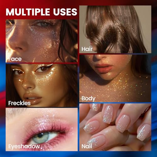 HOSAILY Holographic Red White and Blue Face Glitter Gel, 4th of July Accessories for Women Kids, Long Lasting Waterproof S...