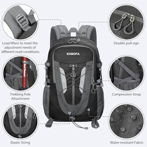 Komofa Hiking Backpack 30L Lightweight Travel Daypack Small Day Pack for Men Women Outdoor Camping Backpacking, Black