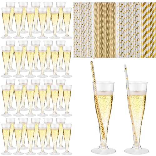 Remerry 200 Pcs Plastic Champagne Flutes 4.5 oz Clear Disposable Champagne Toasting Glass with Gold Paper Straws, Mimosa C...